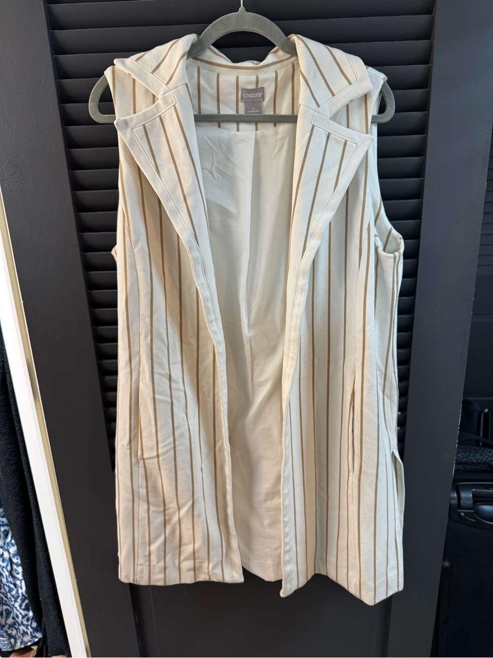 Chico's Cream Collared Long Vest with Brown Pinstripe Detail